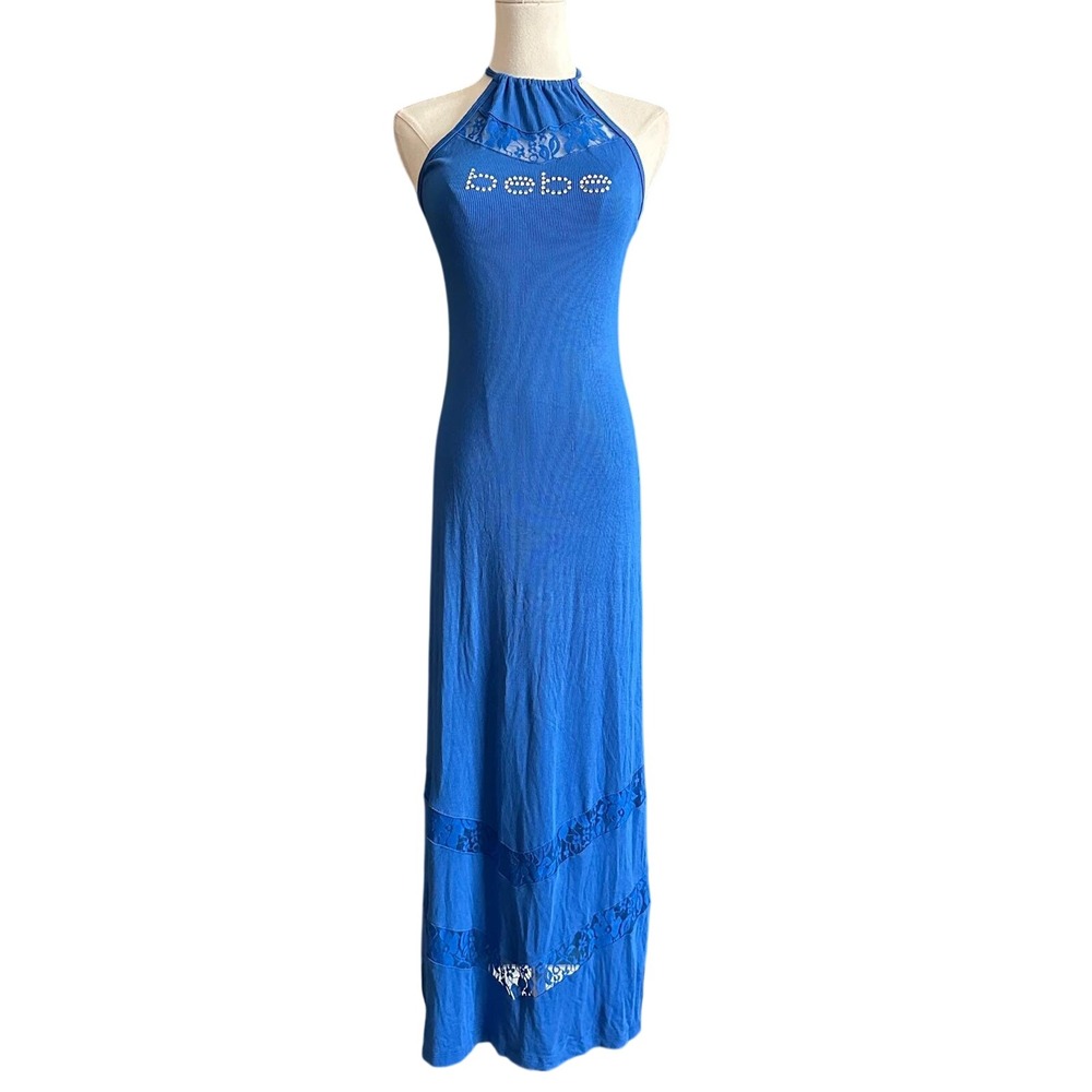 Vintage Bebe Y2K Royal Blue Rhinestone Logo Halter Maxi Dress Lace Trim M
